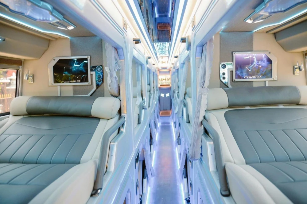 White Interior of Camel Bus, a famous open bus in Vietnam