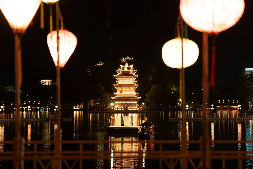 Silver Pagoda shining at night in Ninh Binh Walking Street